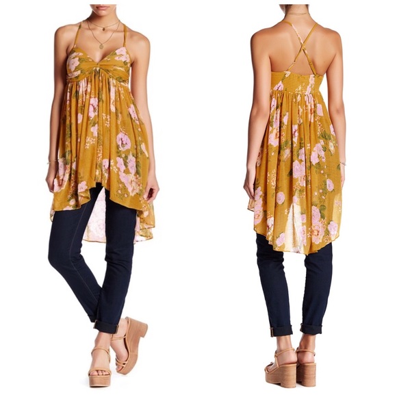 Free People Tops - SOLD: FP Yellow Floral Babydoll Hi-Lo Tank